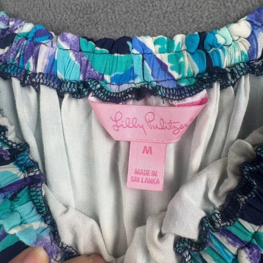 Lilly Pulitzer Blue Purple Pineapple Off Shoulder Bell Sleeve Rayon Dress M - Picture 3 of 10